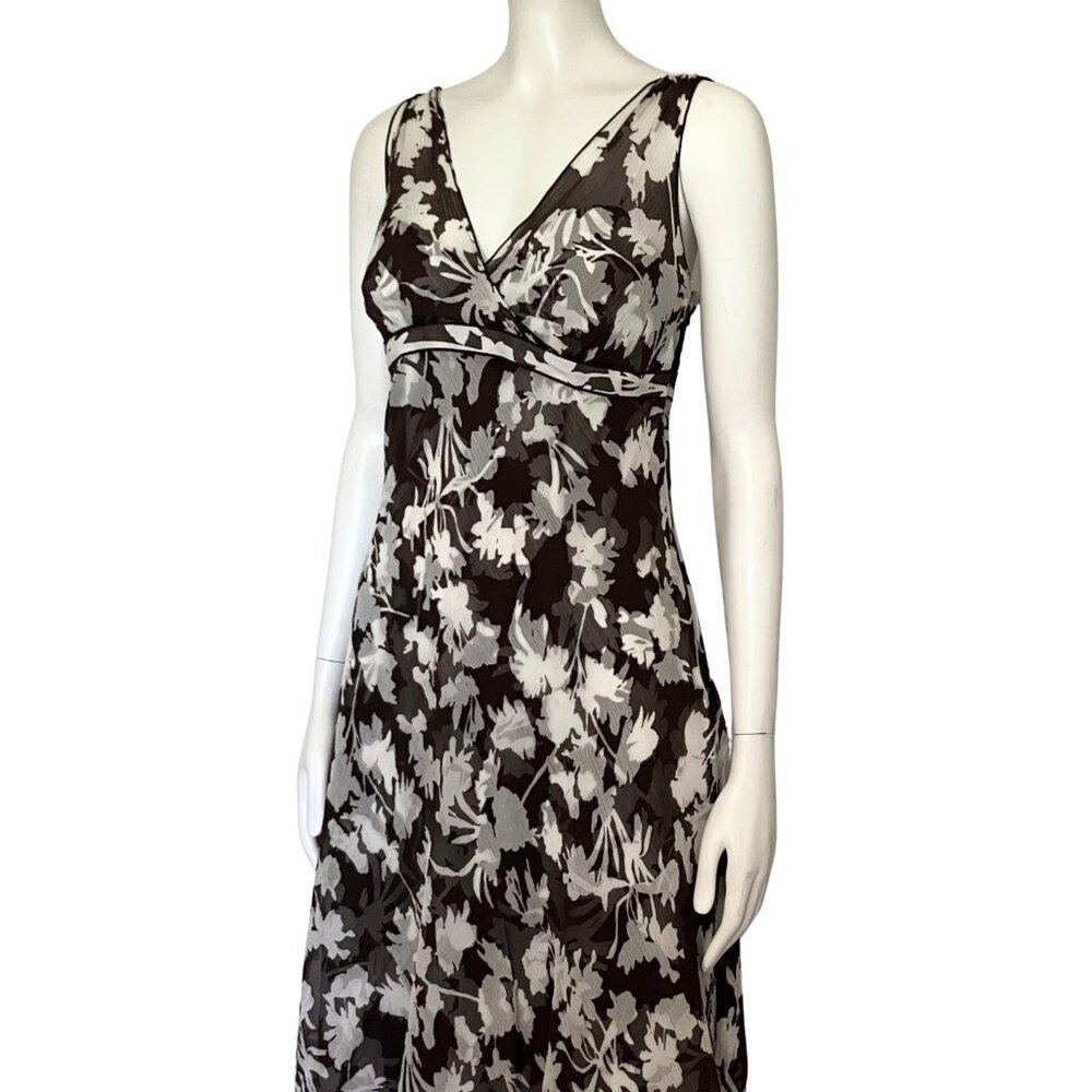 Vintage Y2K 100% Silk Ann Taylor Brown White Floral Midi Dress S/M Size 8 V Neck - Picture 8 of 14